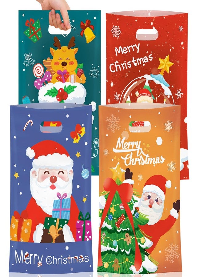 Litmitfu 50 Pcs Christmas Gift Bags with Handles, Plastic Merry Christmas Goodie Bags Bulk, Winter Candy Treat Tote Goody Cookie Party Favor Bag for Xmas Holiday Party Favors Supplies, 4 Styles - Image 1